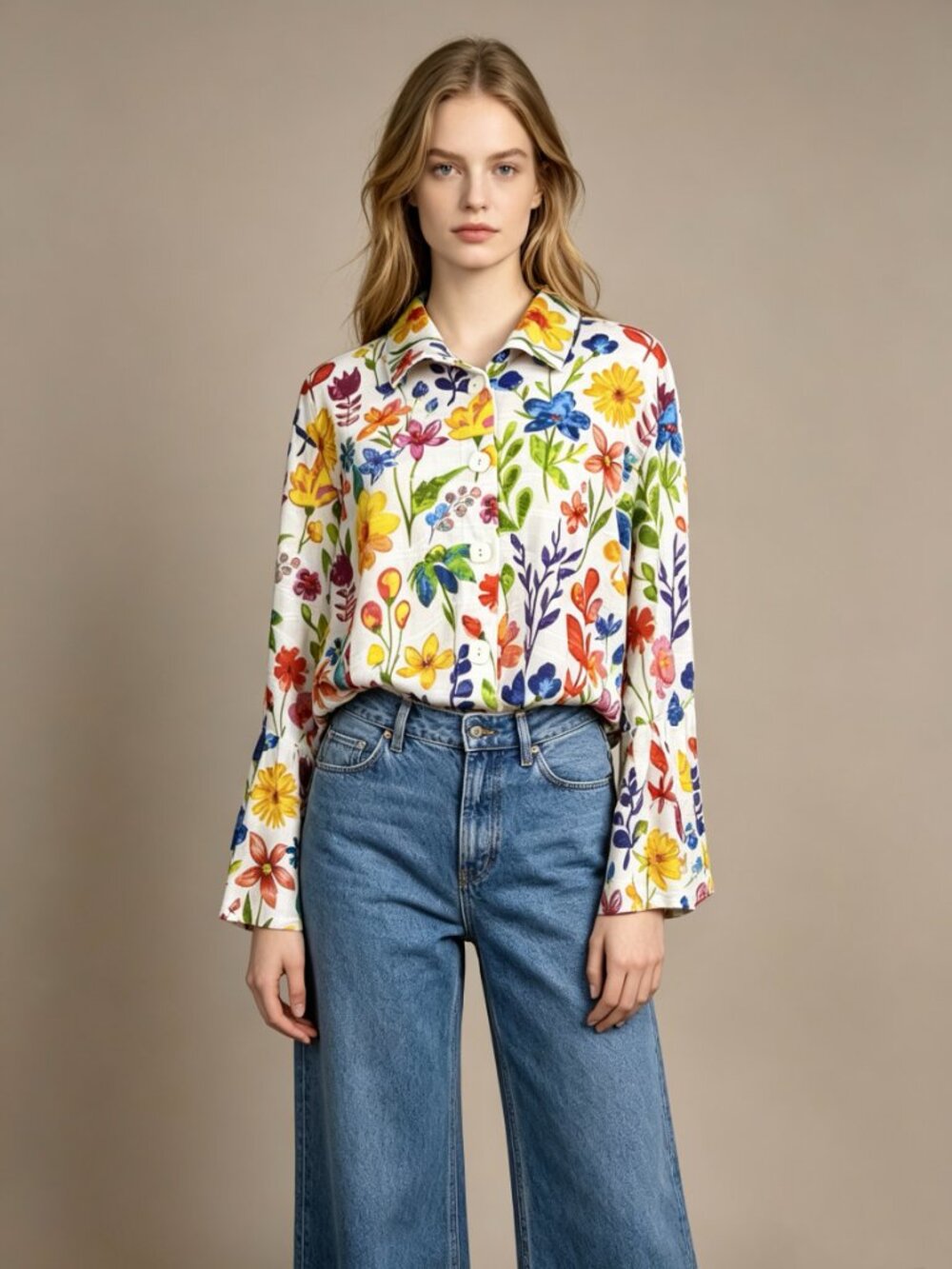 NWOT Ali Miles PLUS Knit Floral Point Collar 3/4 Bell Sleeve Button-Front Tunic